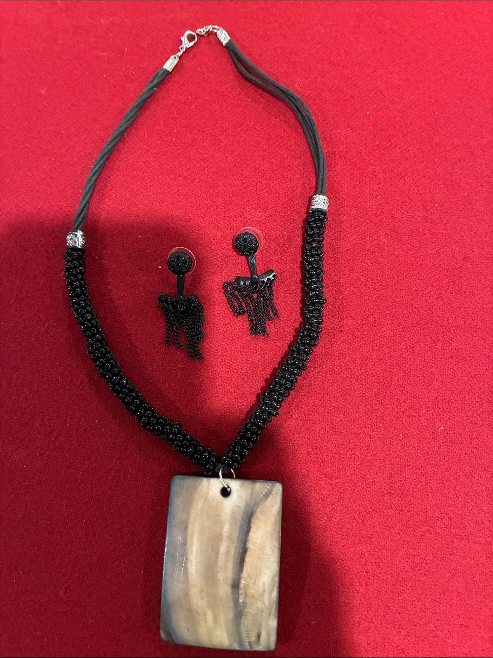 Black Beaded Necklace with Natural Stone Pendant and Matching Earrings